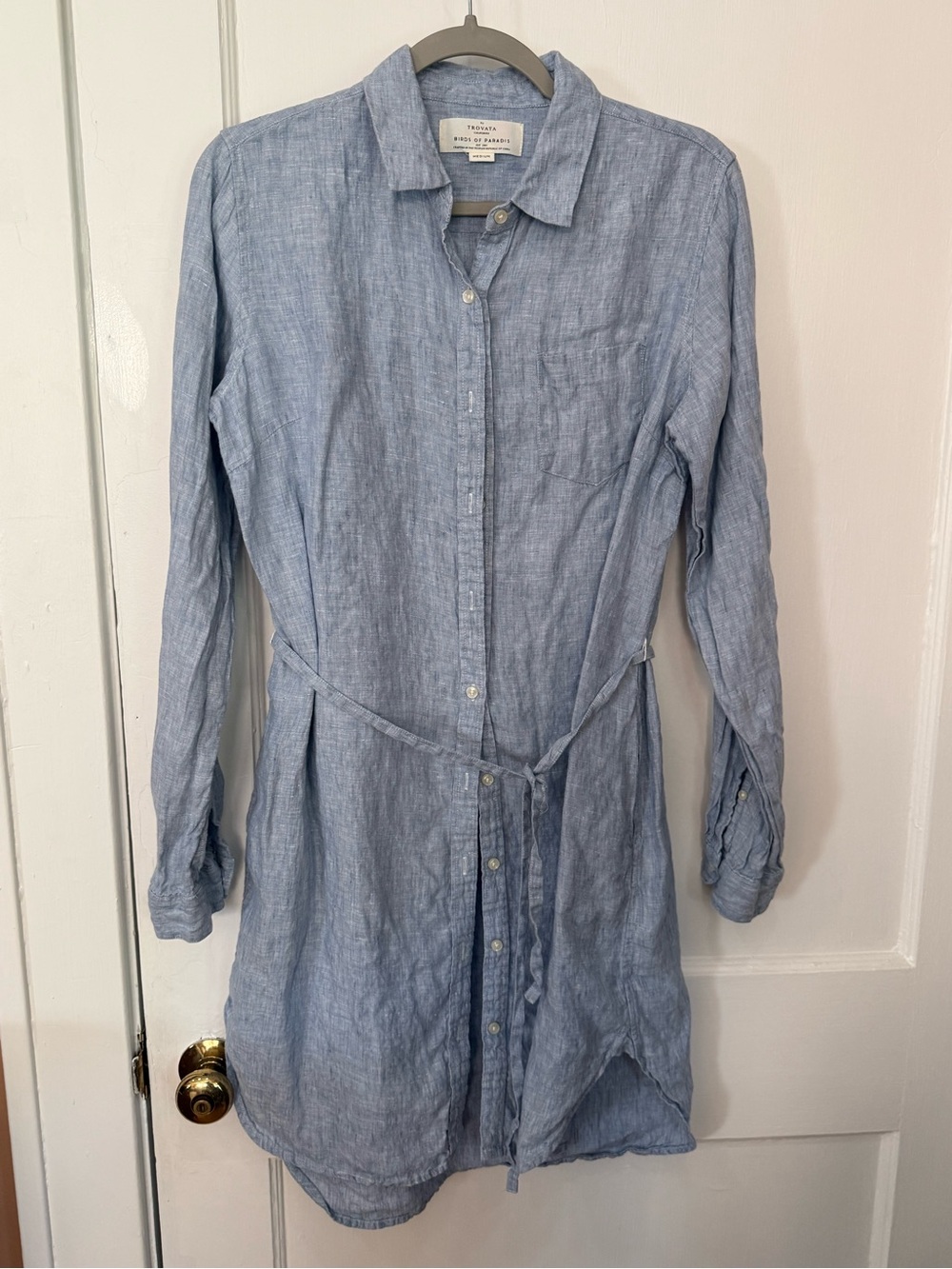 Trovata Birds of Paradis Linen Long Sleeve Blue Shirt Dress Tunic Size Med EUC